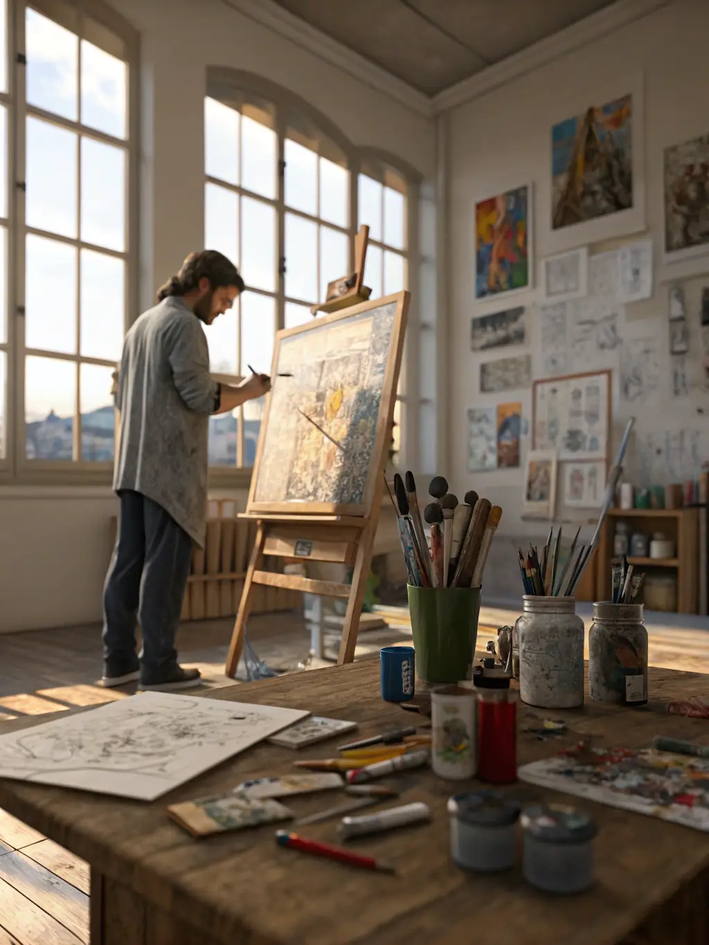 A photograph capturing an artist deeply engrossed in their work within the historic Maison des Echevins, surrounded by art supplies and historical artifacts, showcasing the artist residency program.