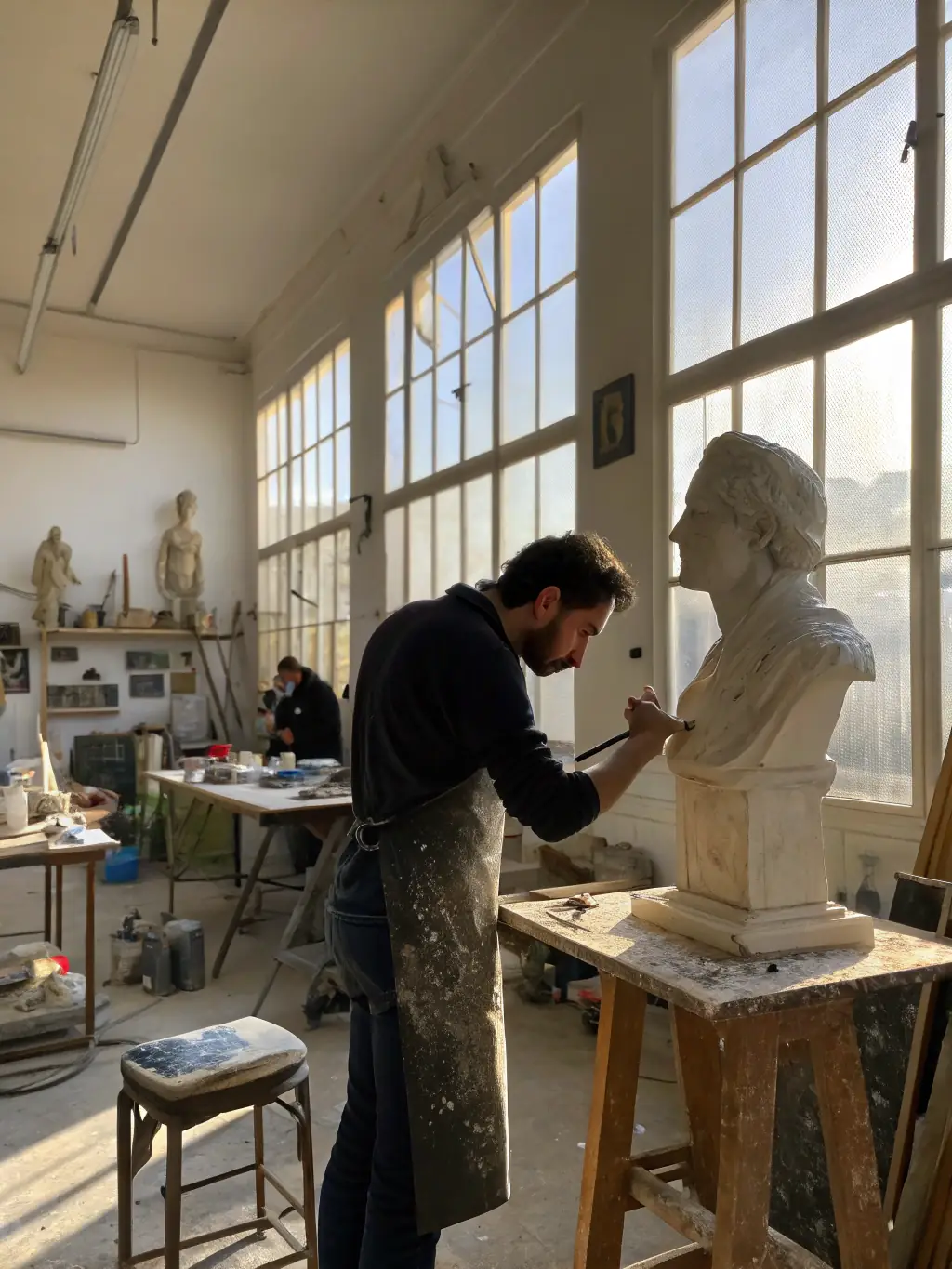 A photograph of an artist working on a sculpture during their residency at Maison des Echevins, showcasing the creative environment and the historical setting.