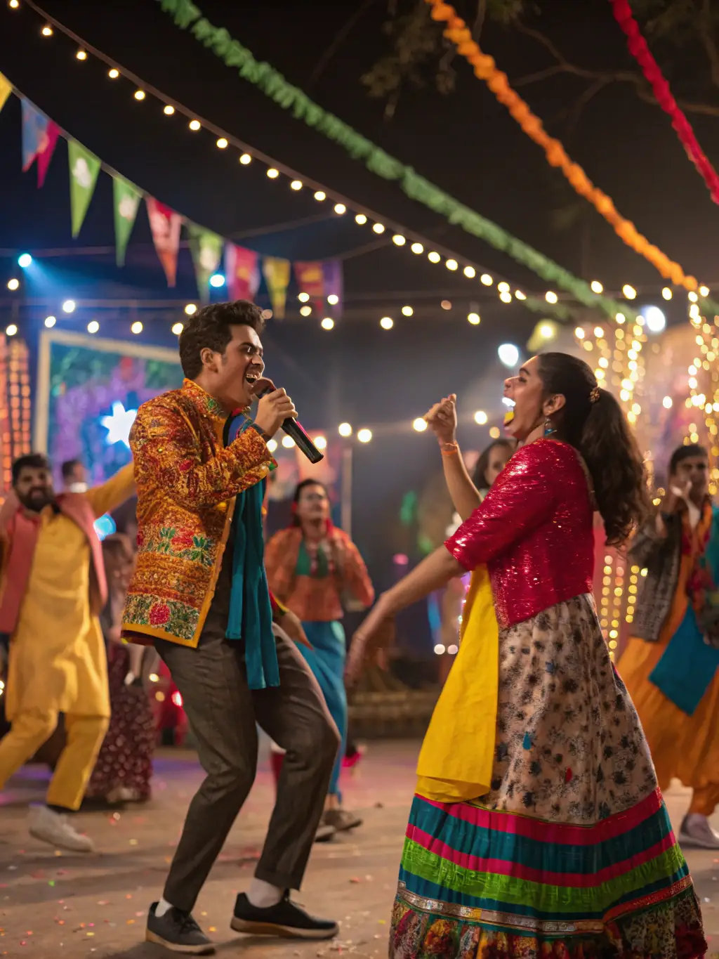 A photograph showcasing a cultural event at the Maison des Echevins, with people enjoying music, dance, or a theatrical performance in the courtyard or main hall.