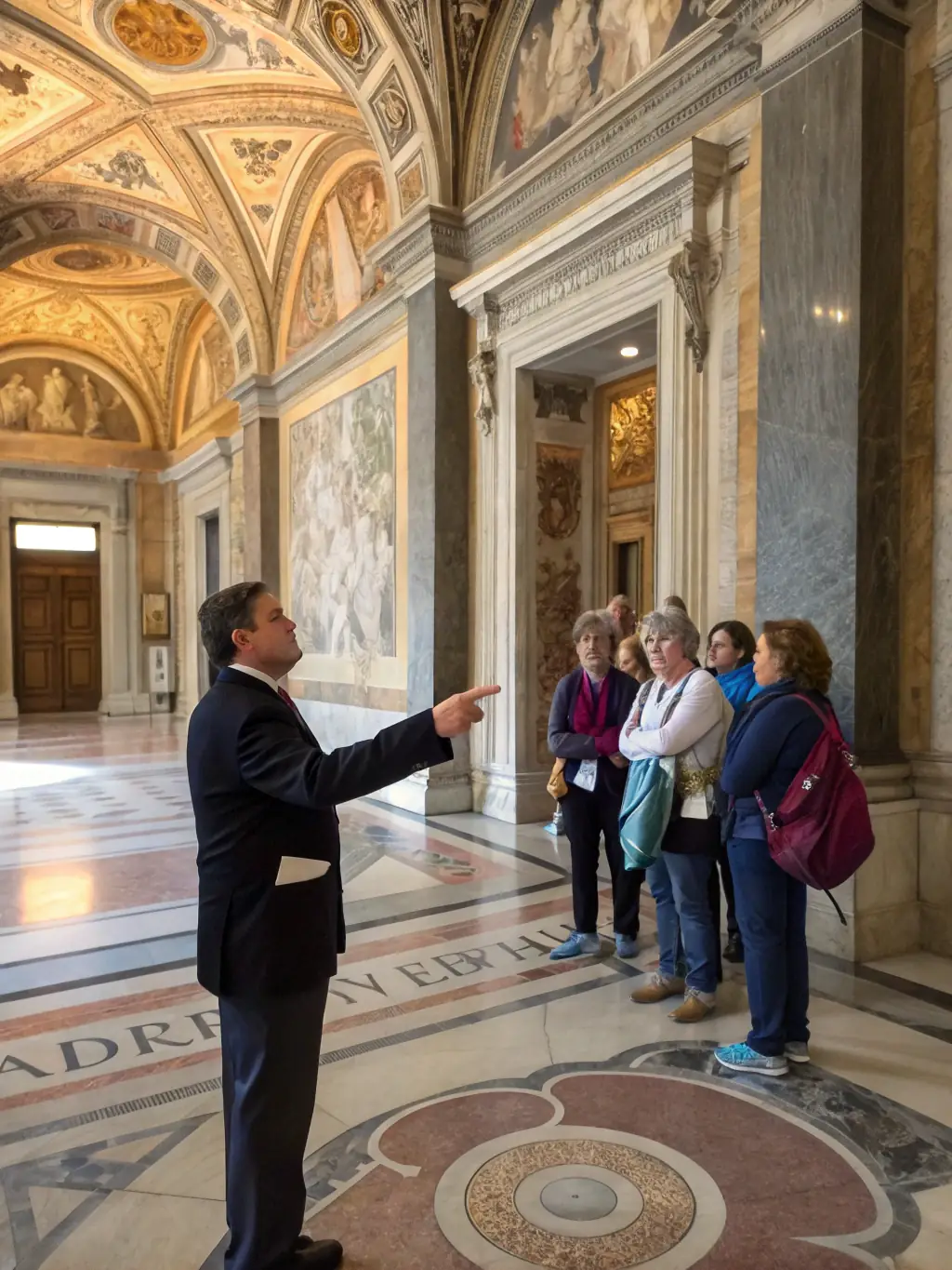 A photograph of a guided tour group exploring the Maison des Echevins, led by a knowledgeable guide who is pointing out architectural details and sharing historical anecdotes.