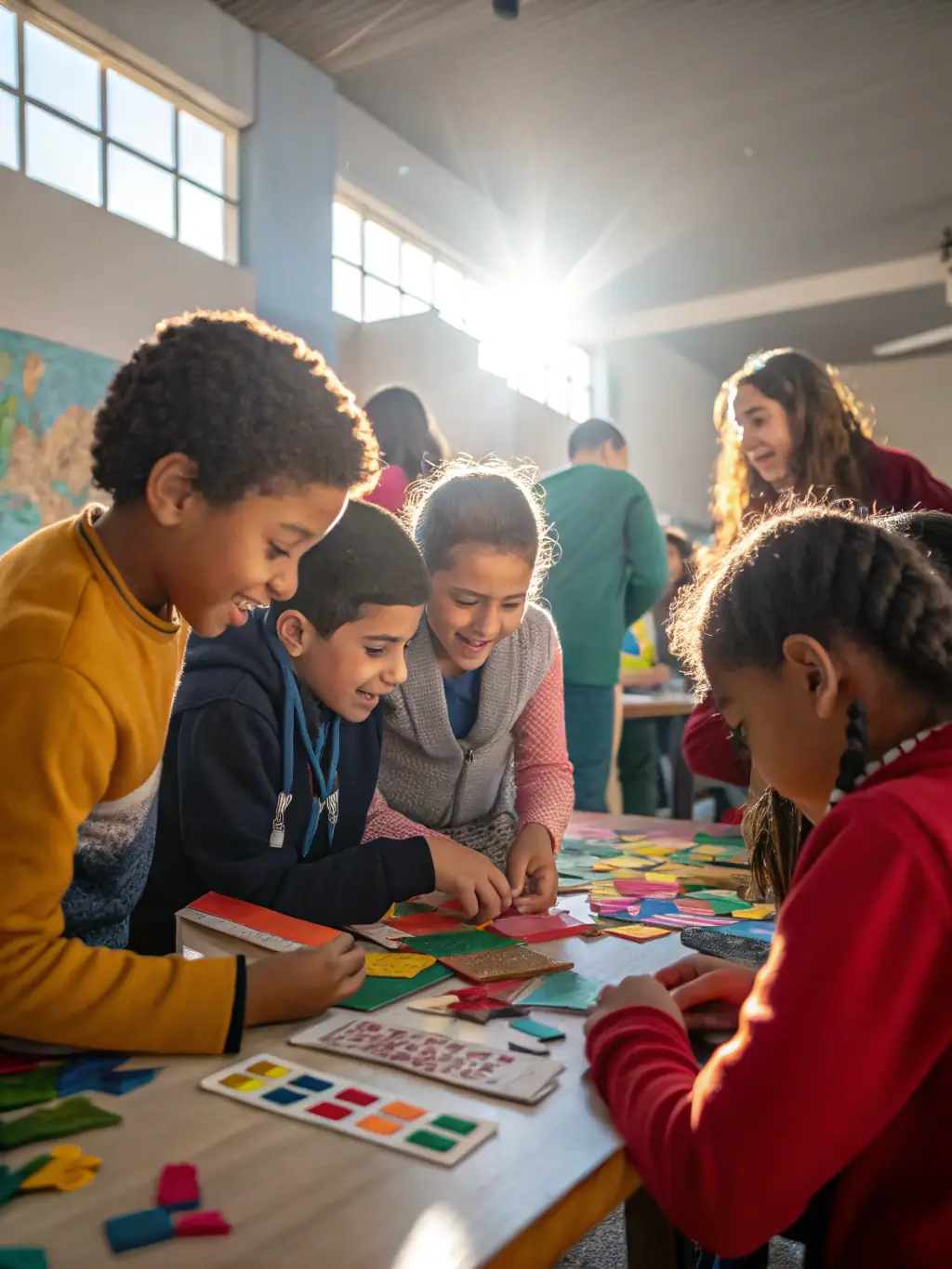 A vibrant image of a group of children participating in an educational workshop at the Maison des Echevins, interacting with historical objects and learning about local heritage.