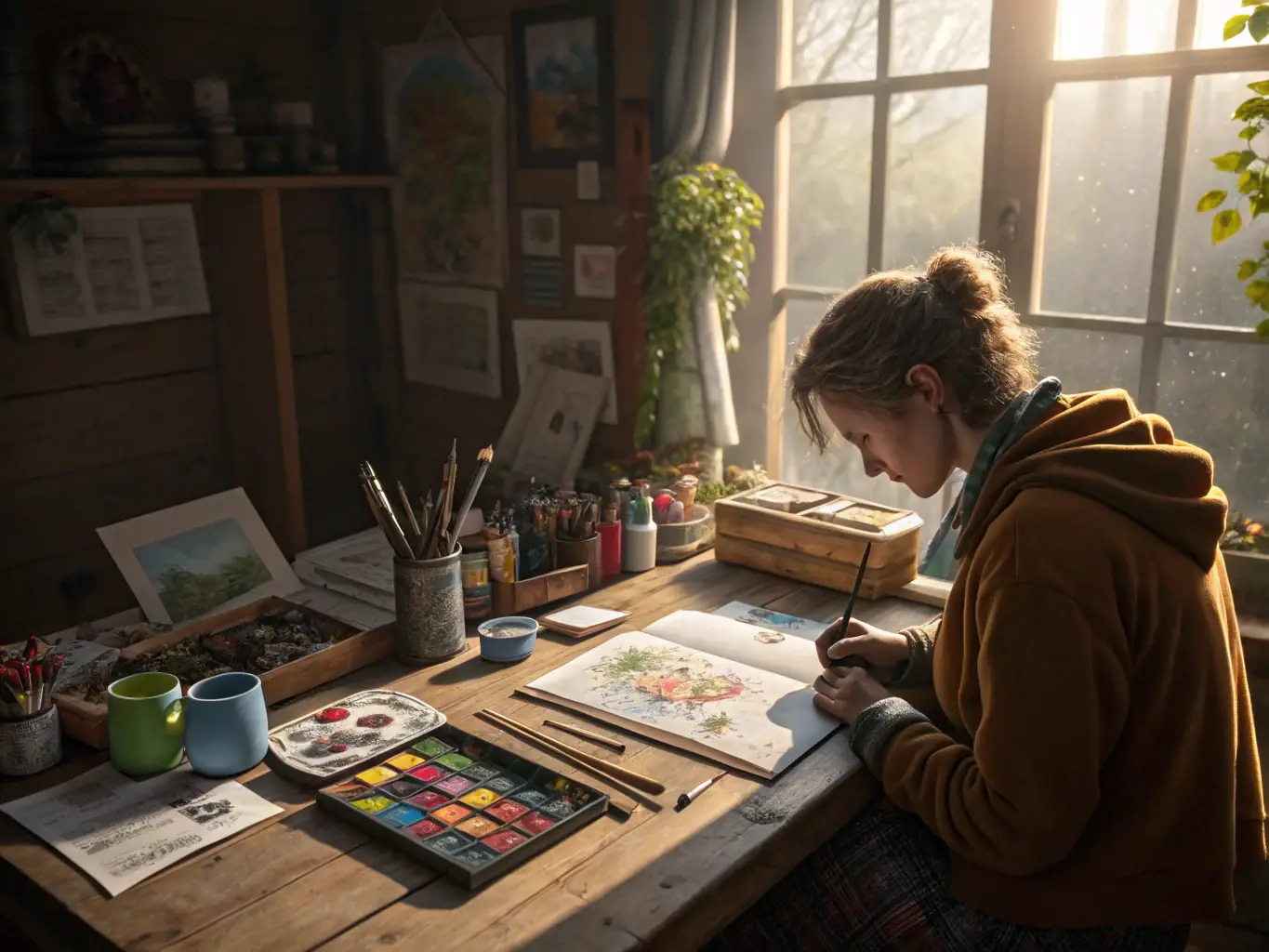 A photograph of an artist working on a sculpture inside the Maison des Echevins, surrounded by art supplies and tools, with natural light streaming through the windows.