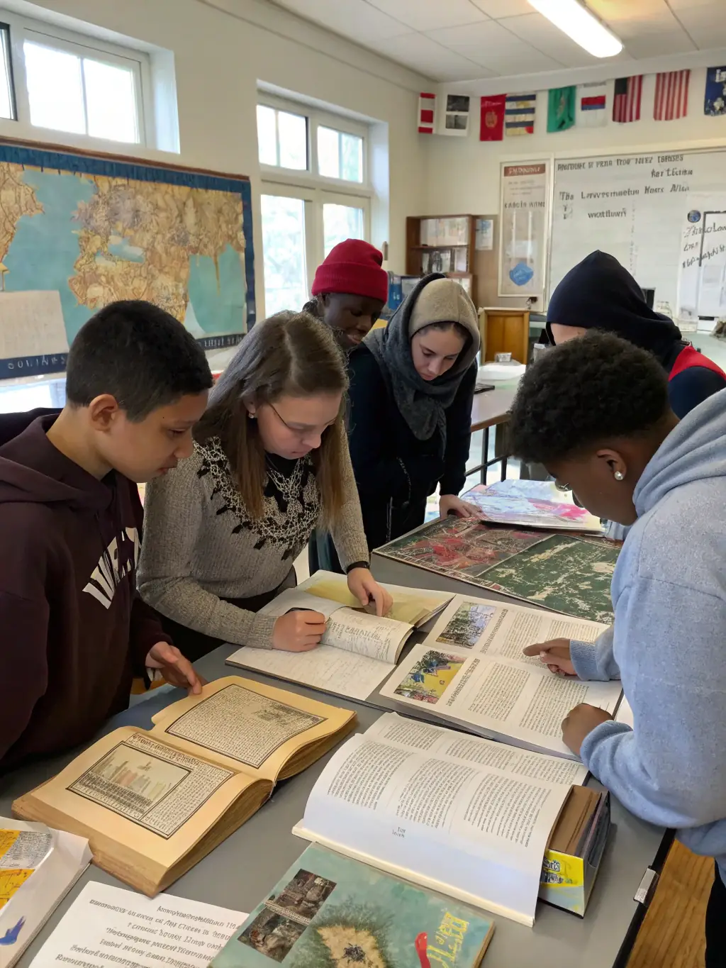 A group of students participating in a heritage workshop at Maison des Echevins, learning about the history and architecture of the building.