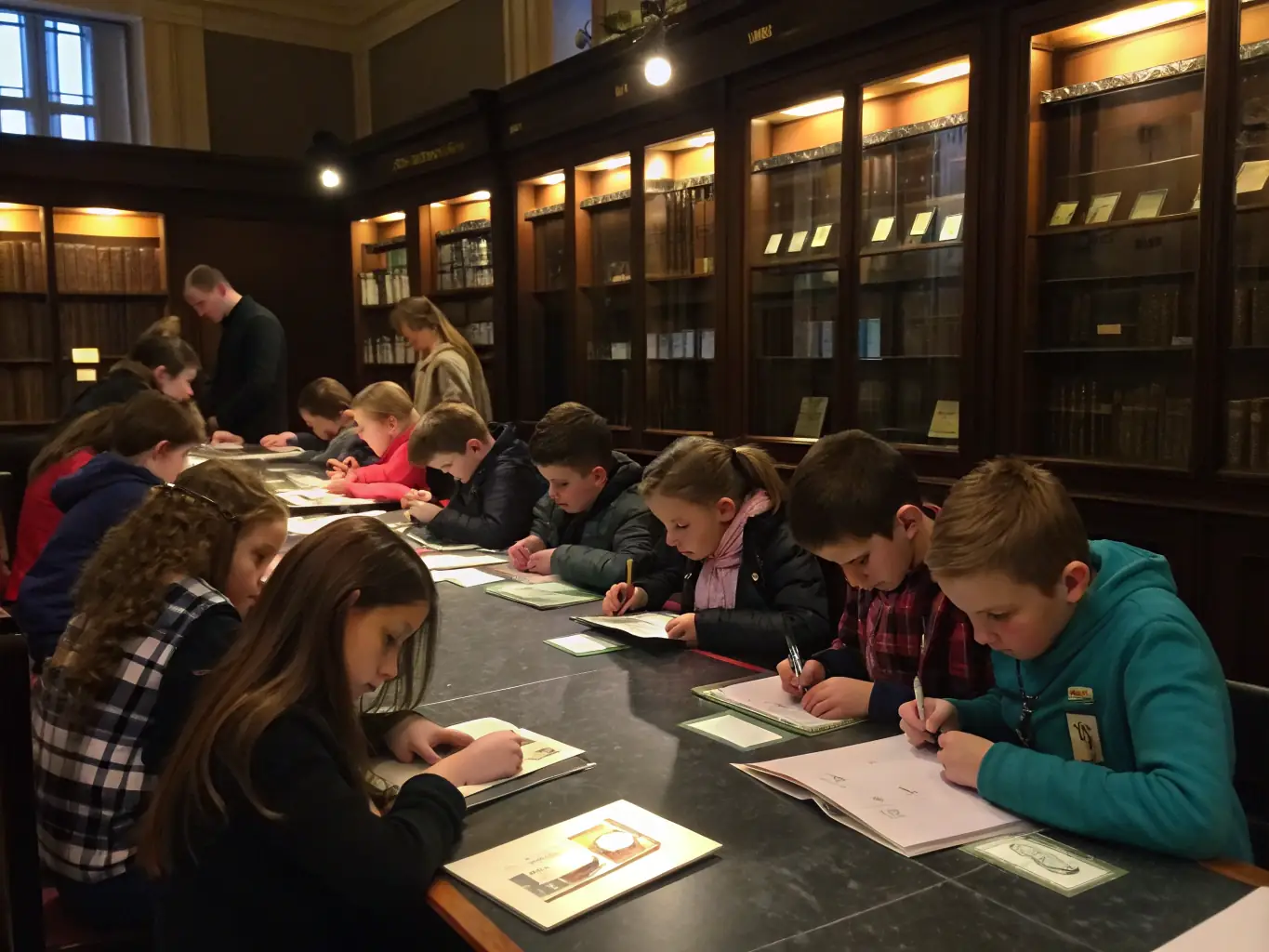 A photograph of children participating in an educational workshop at the Maison des Echevins, learning about local history and culture through interactive activities.